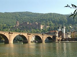 Heidelberg Castle on hill behind Old Bridge