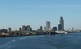 The skyline of downtown Mobile from the Mobile River.