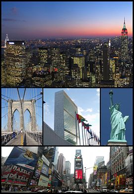 From top left: Manhattan south of Rockefeller Center, the Brooklyn Bridge, United Nations Headquarters, Statue of Liberty, and Times Square