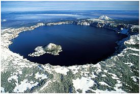 Crater Lake - Aerial view; note Wizard Island against the western rim