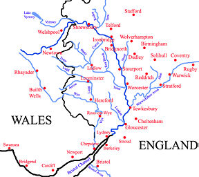 Tributaries (light blue) and major settlements on and near the Severn (bold blue)