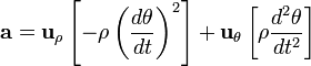 \mathbf{a}=\mathbf{u}_{\rho} \left[ -\rho\left( \frac {d \theta} {dt}\right)^2 \right] +  \mathbf{u}_{\theta}\left[ \rho  \frac {d^2 \theta} {dt^2}\right] \  