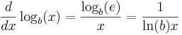 \frac{d}{dx}\log_b(x) = \frac{\log_b(e)}{x} =\frac{1}{\ln(b)x} 