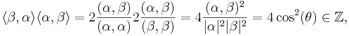  \langle \beta, \alpha \rangle  \langle \alpha, \beta \rangle  = 2 \frac{(\alpha,\beta)}{(\alpha,\alpha)} 2 \frac{(\alpha,\beta)}{(\beta,\beta)} = 4 \frac{(\alpha,\beta)^2}{\vert \alpha \vert^2 \vert \beta \vert^2} = 4 \cos^2(\theta) \in \mathbb{Z}, 