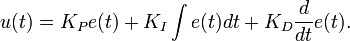 u(t) =  K_P e(t) + K_I \int e(t)dt + K_D \frac{d}{dt}e(t).