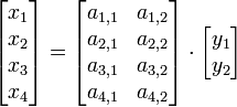 
  \begin{bmatrix}
    x_1 \\
    x_2 \\
    x_3 \\
    x_4
  \end{bmatrix}
=
  \begin{bmatrix}
    a_{1,1} & a_{1,2} \\
    a_{2,1} & a_{2,2} \\
    a_{3,1} & a_{3,2} \\
    a_{4,1} & a_{4,2}
  \end{bmatrix}
\cdot
  \begin{bmatrix}
    y_1 \\
    y_2
  \end{bmatrix}
