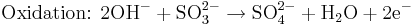 \mbox{Oxidation: }\mbox{2OH}^{-}+\mbox{SO}^{2-}_{3}\rightarrow\mbox{SO}^{2-}_{4}+\mbox{H}_{2}\mbox{O}+\mbox{2e}^{-}\,