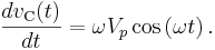 \frac{dv_\mathrm{C}(t)}{dt} = \omega  V_p \cos \left( \omega  t \right).