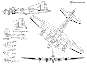 3-view projection of a B-17G, with inset detail showing the "Cheyenne tail" and some major differences with other B-17 variants.