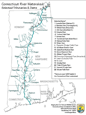 River map, with major tributaries and selected dams.