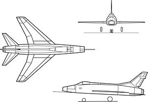 Orthographically projected diagram of the F-100 Super Sabre.