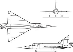 Orthographically projected diagram of the F-102A Delta Dagger.