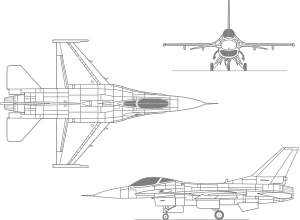 Orthographically projected diagram of the F-16.