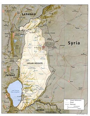 Sites on the Golan in blue are Jewish communities. Sites on the Golan in black are Druze and Circassian communities. Areas of the Golan controlled by Israel are light-coloured while those under Syrian control are grey. The Golan Heights are surrounded by four countries: Lebanon, Syria, Jordan, and Israel.