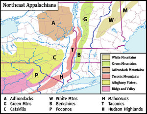 Map of the main regions of the northeast Appalachians, with the Catskills as "C".