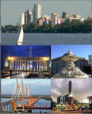 from top to bottom: Panoramic view from Rosario coast, Argentine Flag Memorial, The Rosario-Victoria Bridge, and Rosario Centre District.