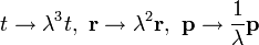 
t \rightarrow \lambda^{3}t, \ 
\mathbf{r} \rightarrow \lambda^{2}\mathbf{r}, \ 
\mathbf{p} \rightarrow \frac{1}{\lambda}\mathbf{p} 
