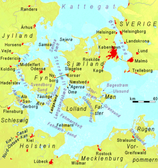 Zealand (Sjælland) island (map center) is linked west to Fyn by the Great Belt Bridge and east to Sweden by the Oresund Bridge.