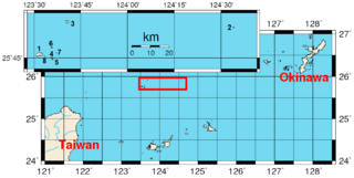 Location of the islands (inside red rectangle and inset). 1 Uotsuri Jima/Diaoyu Dao, 2 Taisho Jima/Chiwei Yu, 3 Kuba Jima/Huangwei Yu, 4 Kita Kojima/Bei Xiaodao, 5 Minami Kojima/Nan Xiaodao, 6 Okino Kitaiwa/Da Bei Xiaodao, 7 Okino Minami-iwa/Da Nan Xiaodao, 8 Tobise/Feilai Dao