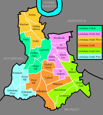 The previous 26 wards of the London Borough of Lewisham divided into 6 areas, used from 1978 to 1998