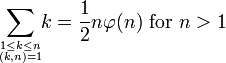 \sum_{1\le k\le n \atop (k,n)=1}\!\!k = \frac{1}{2}n\varphi(n)\text{ for }n>1