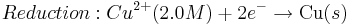 Reduction: Cu^{2+} (2.0 M) +2e^{-} \rightarrow \mbox{Cu} (s)\,