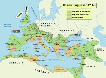 The Roman Empire at its greatest extent, at the death of Trajan (117 AD)