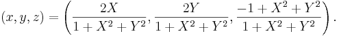 (x, y, z) = \left(\frac{2 X}{1 + X^2 + Y^2}, \frac{2 Y}{1 + X^2 + Y^2}, \frac{-1 + X^2 + Y^2}{1 + X^2 + Y^2}\right).