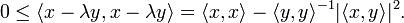  0 \leq \langle x -\lambda y,  x -\lambda y \rangle = \langle x, x\rangle - \langle y , y \rangle^{-1} | \langle x,y\rangle|^2. 