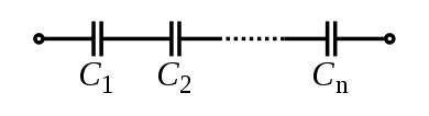 A diagram of several capacitors, connected end to end, with the same amount of current going through each