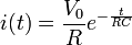 
i(t) = \frac{V_0}{R} e^{-\frac{t}{RC}}
