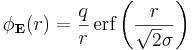  \phi_\mathbf{E}(r) = \frac{q}{r}\,\mbox{erf}\left(\frac{r}{\sqrt{2}\sigma}\right)
