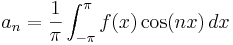 a_n = \frac{1}{\pi}\int_{-\pi}^{\pi} f(x) \cos(nx)\, dx