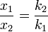 \frac{x_1}{x_2} = \frac{k_2}{k_1} \,