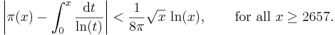 \left|\pi(x) - \int_0^x \frac{\mathrm{d}t}{\ln(t)}\right| < \frac{1}{8\pi} \sqrt{x} \, \ln(x), \qquad \text{for all } x \ge 2657. 