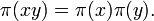  \pi(x y) = \pi(x) \pi(y). \quad 