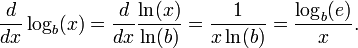 \frac{d}{dx} \log_b(x) = \frac{d}{dx} \frac {\ln(x)}{\ln(b)} = \frac{1}{x \ln(b)} = \frac{\log_b(e)}{x}.