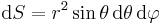 \mathrm dS=r^2\sin\theta\,\mathrm d\theta\,\mathrm d\varphi