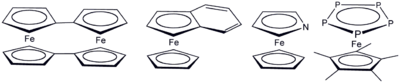 Various ferrocene derivatives where cyclopentadienyl has been replaced by related ligands