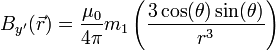 
B_{y'}(\vec{r}) = \frac{\mu_0}{4 \pi} m_1 \left(\frac{3\cos(\theta)\sin(\theta)}{r^3}\right)
