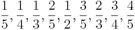 {1 \over 5}, {1 \over 4}, {1 \over 3}, {2 \over 5}, {1 \over 2}, {3 \over 5}, {2 \over 3}, {3 \over 4}, {4 \over 5}