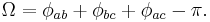  \Omega = \phi_{ab} + \phi_{bc} + \phi_{ac} - \pi. \, 