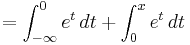 = \int_{-\infty}^0 e^t\,dt + \int_{0}^x e^t\,dt 