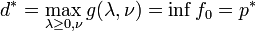 d^* = \max_{\lambda \ge 0, \nu} g(\lambda,\nu) = \inf f_0 = p^*