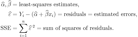 
\begin{align}
\widehat\alpha, \widehat\beta & = \text{least-squares estimates}, \\
\widehat\varepsilon & = Y_i - (\widehat\alpha + \widehat\beta x_i) = \text{residuals} = \text{estimated errors}, \\
\text{SSE} & = \sum_{i=1}^n \widehat\varepsilon^{\;2} = \text{sum of squares of residuals}.
\end{align}
