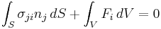 \ \int_S \sigma_{ji}n_j \, dS + \int_V F_i \, dV = 0