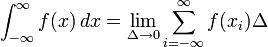 \int_{-\infty}^{\infty} f(x)\, dx = \lim_{\Delta \to 0} \sum_{i = -\infty}^{\infty} f(x_i) \Delta