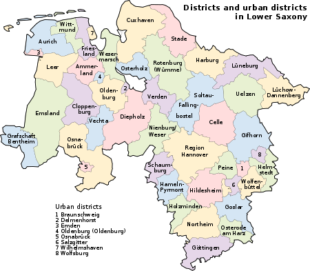 Map of Lower Saxony with the district boundaries