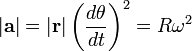  |\mathbf{a}| = |\mathbf{r}| \left ( \frac {d \theta}{dt} \right) ^2 = R {\omega}^2\ 