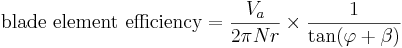 \mbox{blade element efficiency} = \frac{V_a}{2\pi Nr}\times\frac{1}{\tan(\varphi+\beta)}